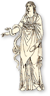 Teckning av Hygieia med ormen ringlande runt ena armen och en skål i andra handen