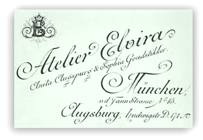 Kort med texten "Atelier Elvira. Anita Augspurg & Sophia Goudstikker. München" m.m.