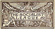 Logotype med en kvinna som ängel i mitten och en arbetarman på var sida hållandes skylten med namnet "Rhe Socialist League". Runt var och en av dem står: Agitate, Educate, Organize.