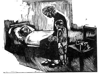 En kvinna och hennes son sitter respektive står vid mannen/pappans säng på sjukhuset