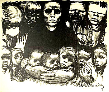 Litografi av en plågad kvinna omgiven av barn och krigsskadade
