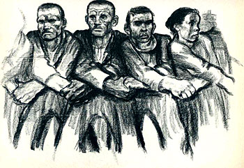Tre män och en kvinna, samt fler antydda,  står med armarna korsade framför sig och håller varandra i händerna