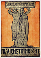 Affisch medn en kvinna och en man som håller upp ett stenblock som det står  "Verantwortung" (ansvar) på. Under dem står det "Frauenstimmreicht" (Rösträtt för kvinnor). Bakgrunden är orange