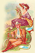 Färgillustration av två kvinnor som sitter i gräsen iförda byxor, varav den främsre håller i en cykel