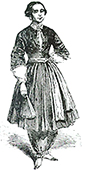 Illustration av kvinna i bloomer-dress. Hon håller en solfjäder i ena handen