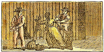 Träsnitt av en man som håller fast en kvinna och en annan som river sönder hennes papper.