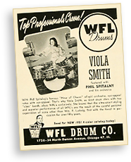 Reklamsida som säger att trummorna som säljs rekommenderas av Viola Smith - med ett foto på henne bakom trummorna