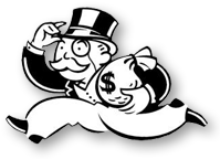 Bild av den typiska Monopol-gubben i hög hatt, som springer med en påse pengar i famnen