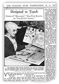 Foto av tidningsklipp med text och bild (oläsligt) om Elizabeth Magie  och Monopelturerna 1936