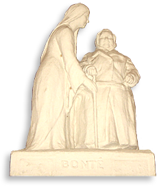 Ursparat foto av staty i ljust material, av två kvinnor, varav en har en vit käpp