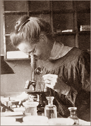 Foto i halvformat av Nettie Stevens som sitter och tittar i ett mikroskop omgiven av flaskor och annat