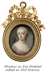 Porträttmålning av Eva Ekeblad De la Gardie i guldram med rosettornament. Under står texten: Miniatyr av Eva Ekeblad målad av Olof Arenius