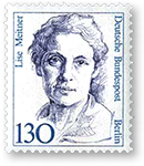 Tyskt frimärke med illustration som är ett porträtt av Lise Meitner