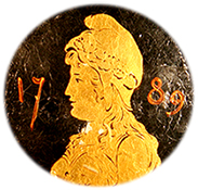 Porträttbild från mynt av en kvinna i frygisk mössa och siffrorna 1789