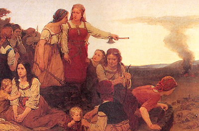 Detalj ur målning föreställande en grupp kvinnor och några barn som ser ner mot ett läger och en brand långt nedanför dem. Kvinnan i centrum har en huggare i handen och pekar med den