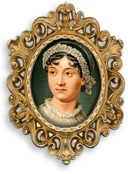Illustration av Jane Austen i guldram