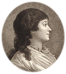 Porträttav Marie-Jeanne Roland i profil tittande åt höger, troligtvis en gravyr