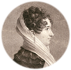 Porträttillustration av Marie Boivin i profil, tittande åt höger. Hon har en ljus sjal över håret och lockigt hår