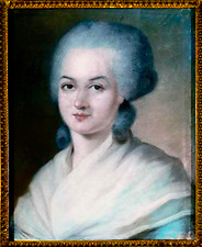 Målning av Olympe de Gouges med blågrått hår