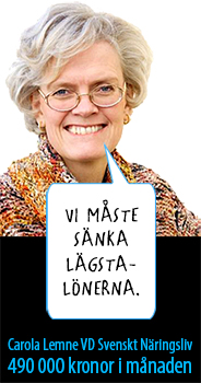 Montage med Carola Lemne, VD för Svenskt Näringsliv och en pratbubbla med ordet: Vi måste sänka lägstalönerna. Under bilden av Lemne står att hon tjänar 490 000 kronor i månaden.