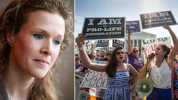 Närbild av kvinna och bredvid henne folk med skyltar där det står: I am Pro-Life Generation