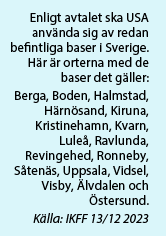 Enligt avtalet ska USA använda sig av redan befintliga baser i Sverige. Här är orterna med de baser det gäller:  Berga, Boden, Halmstad, Härnösand, Kiruna, Kristinehamn, Kvarn, Luleå, Ravlunda, Revingehed, Ronneby, Såtenäs, Uppsala, Vidsel, Visby, Älvdalen och Östersund. Källa: IKFF 13/12 2023