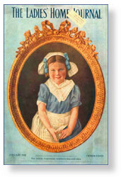 Omslagsbild till The Ladie's Home Journal med en bild av en liten flicka i guldram. Hon är iklädd en blå klänning med vita detaljer och en vitt hätta med blå rosetter