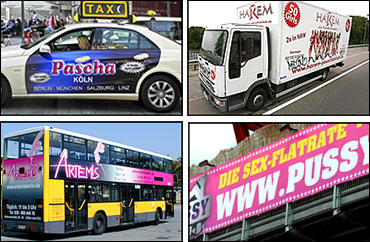 Fyra foton med taxibil, lastbil, buss och broräcke med reklam för prostitution