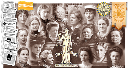 Collage av massor av rösträttskvinnor tillsammans med olika symboler för kvinnors rösträtt