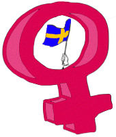 Kvinnosymbol med en hand som håller i en svensk flagga