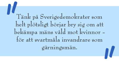Blå citat-ruta: Tänk på Sverigedemokrater som helt plötsligt börjar bry sig om att bekämpa mäns våld mot kvinnor – för att svartmåla invandrare som gärningsmän.
