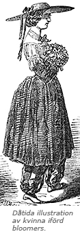 Illustration av kvinna med både kjol och byxor (och hatt) och under henne texten: Dåtida illustration av kvinna iförd bloomers.