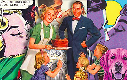 Collage av kärnfamilj med tre barn som ska äta tårta, plus bilder ur tjejromanstidningar