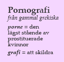Ruta med texten: Pornografi - från gammal grekiska - porne = den lägst stående av prostituerade kvinnor, grafi = att skildra