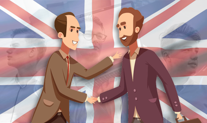 Collage med brittisk flagga, lite unga killar och i förgrunden två män som skakar hand, det anas att den ena har en portfölj i en handen