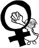 Illustration av liten tjej sin knyter näven som hamnar i ett jättestort kvinnomärke