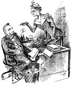 Illustration av kvinna som står framför ett bord och pekar mot en man som sitter ner vid bordets andra sida. Han ser förskrämd ut och hon lutar sig fram över bordet
