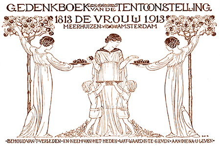 Illustration av tre kvinnor som står vid äppelträd. Mittenkvinnan tar äpplen från fat de andra sträcker fram för att ge till två barn som håller upp ett fat mot henne. Ovanför står texter om utställningen