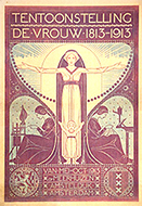 Utställningsaffisch med illustrationer av tre kvinnor och ett barn i mitten och text runt om, i art nouveau-stil i rött, gult och blått