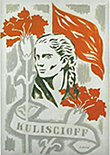 Affisch med illustration av Anna Kulisci0ff, röda fanor och blommor samt hennes namn på en banderoll längst ner