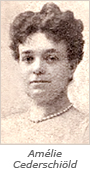 Suddigt foto av kvinna med pärlhalsband. Under fotot står: Amélie Cederschiöld