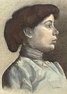 Porträttmålning av ung kvinna med uppsatt mörkt hår