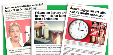 Collage av tidningar som skriver om att det är dags för arbetstidsförkortning